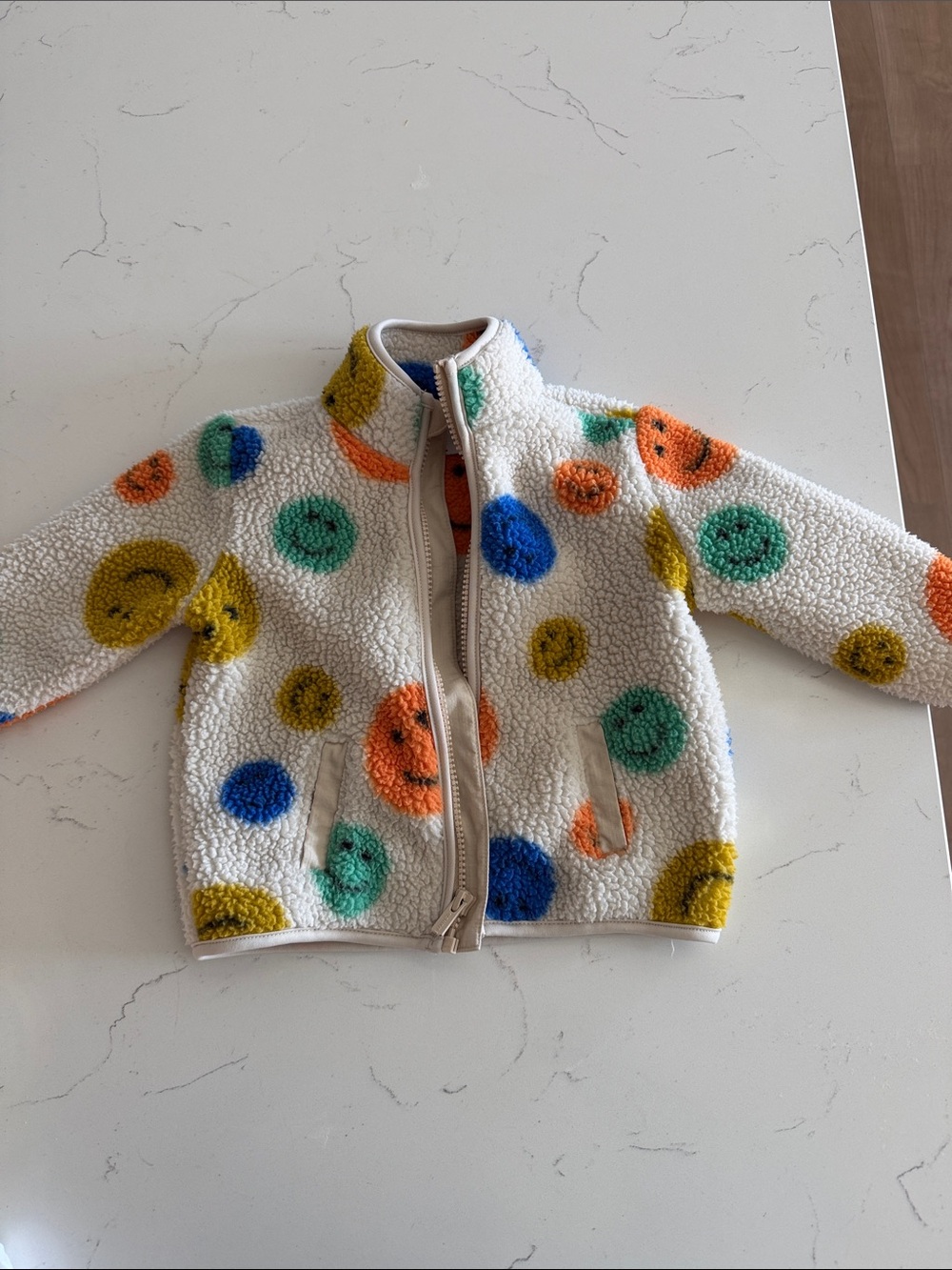 Old Navy Cream Sherpa Jacket with Orange, Blue and Yellow Smiley Dots